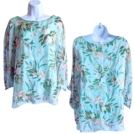 Lovely LOLA Made in Italy Silk Blend Top in Teal Floral Pattern Size Large