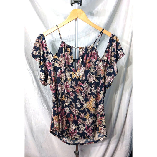 VERONICA M. Navy Floral Cold Shoulder Top Size S