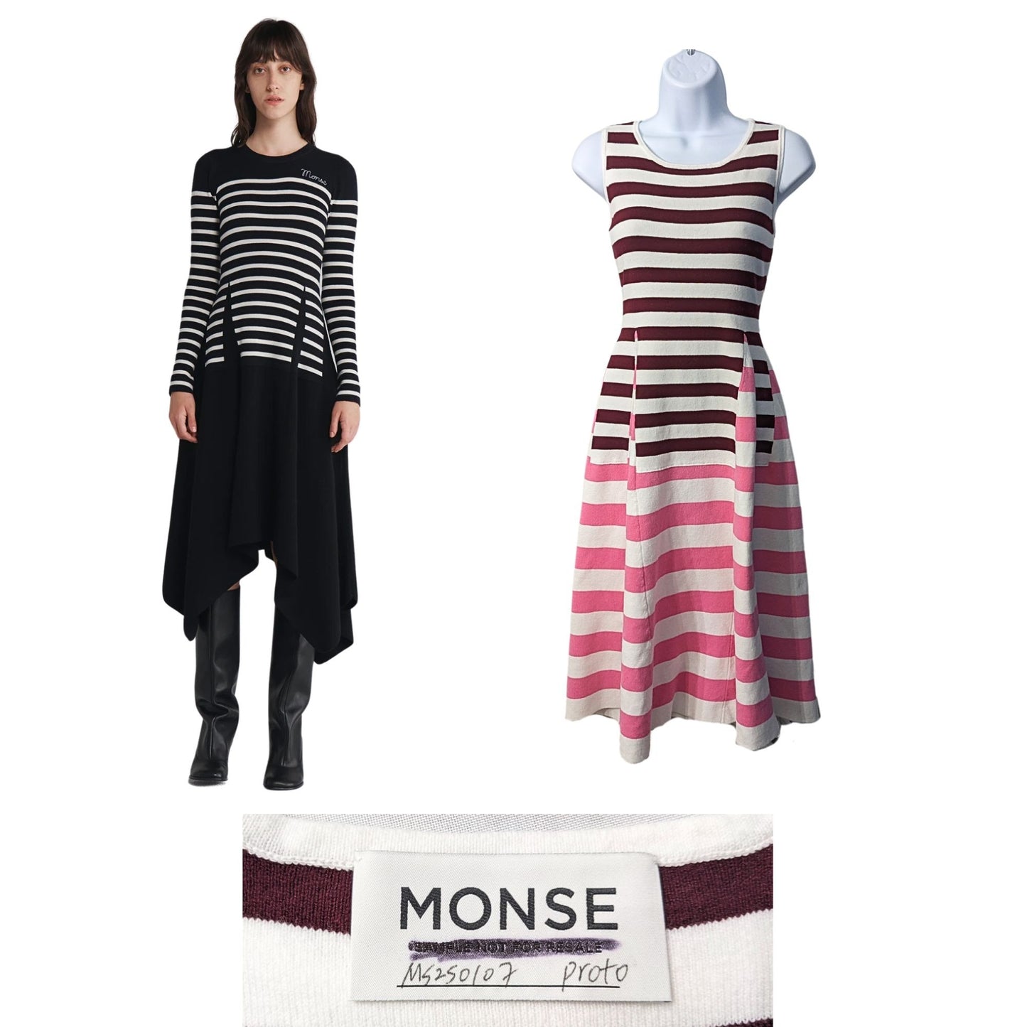 MONSE Maroon Pink Striped Knit Fit & Flare Rare Sample Midi Sweater Dress Size S