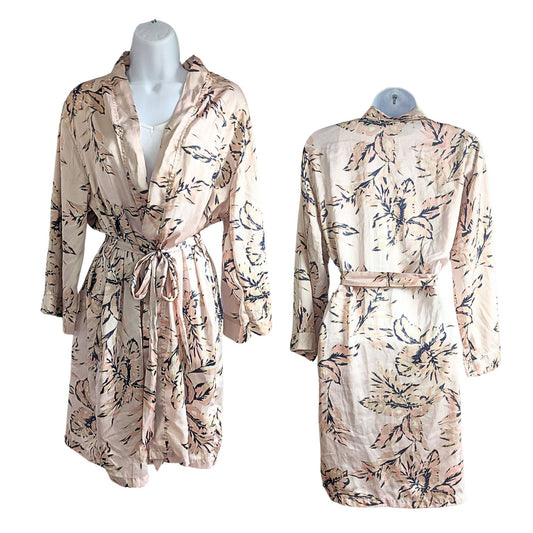 HOUSE OF HARLOW 1960 Blush Pink Floral Leaf Print Satin Sleepwear Short Robe SzM