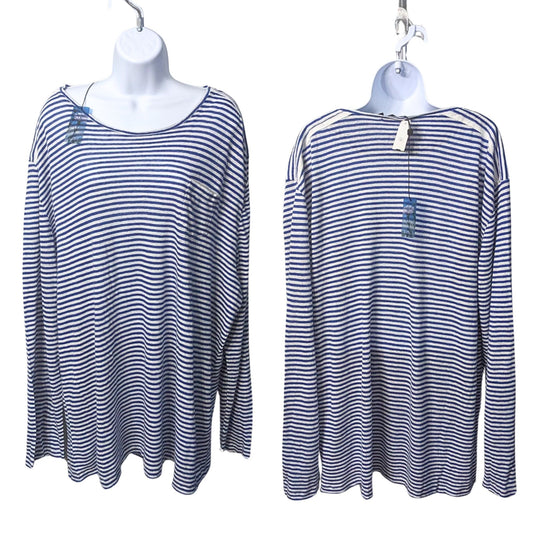 NWT RAFFI 100% Linen Blue & White Striped Coastal Long Sleeve Tee Size XXL