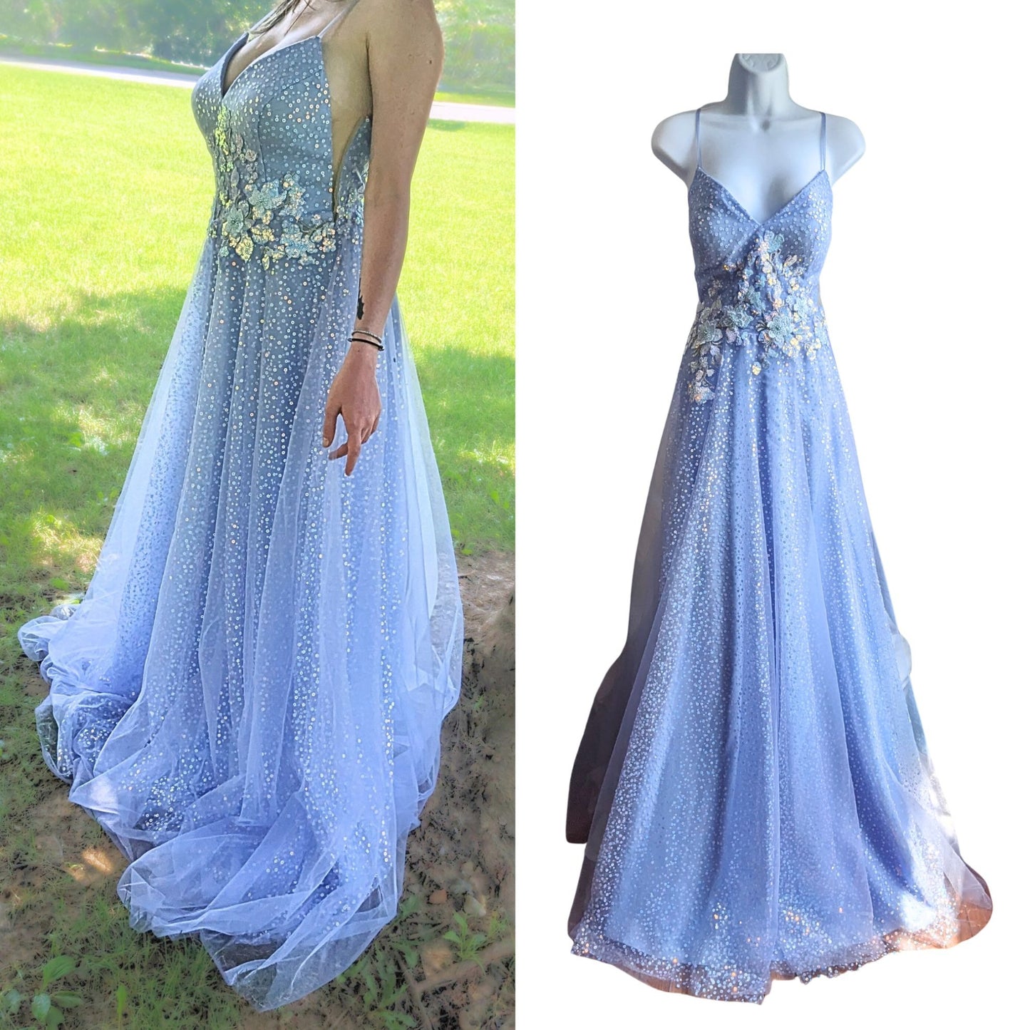 COYA Collection Periwinkle Fairy Floral Appliqué illusion Side Prom Gown Size L