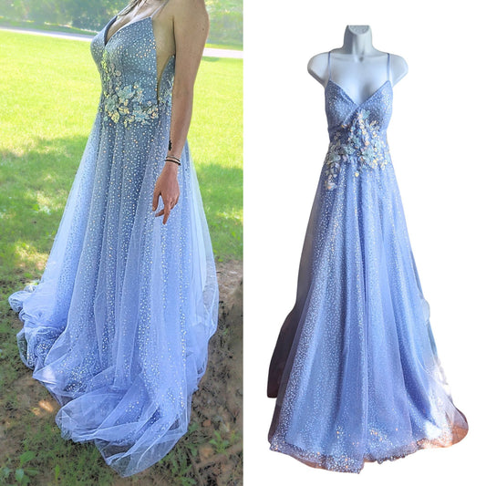COYA Collection Periwinkle Fairy Floral Appliqué illusion Side Prom Gown Size L
