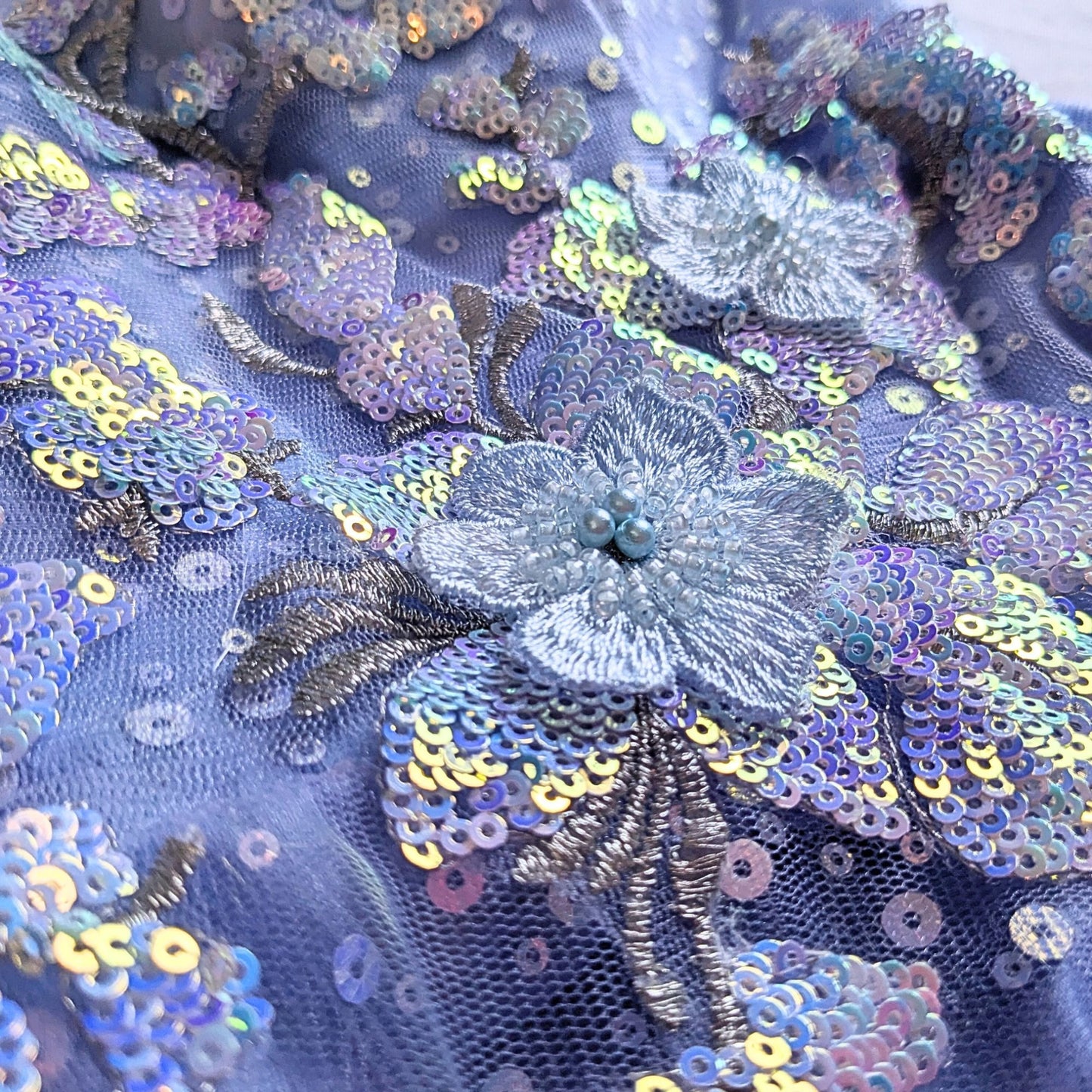 COYA Collection Periwinkle Fairy Floral Appliqué illusion Side Prom Gown Size L