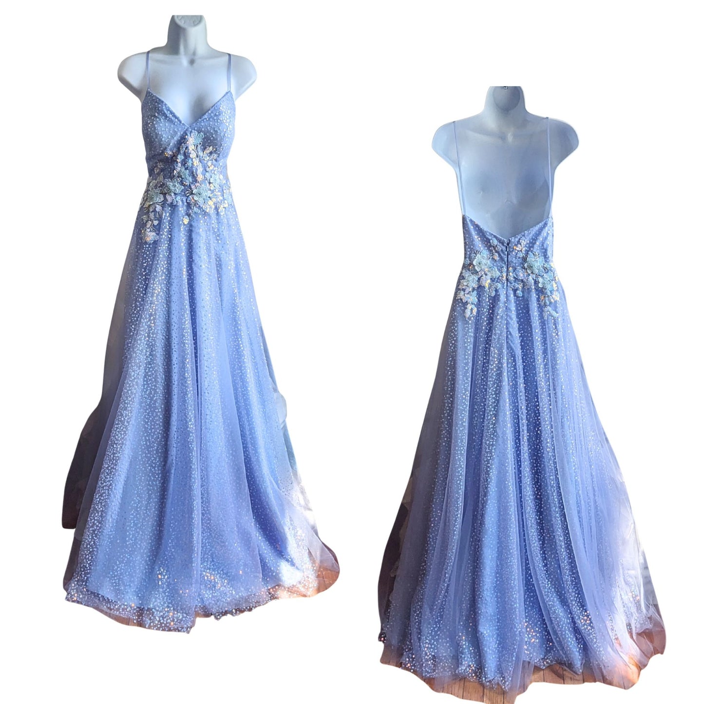COYA Collection Periwinkle Fairy Floral Appliqué illusion Side Prom Gown Size L