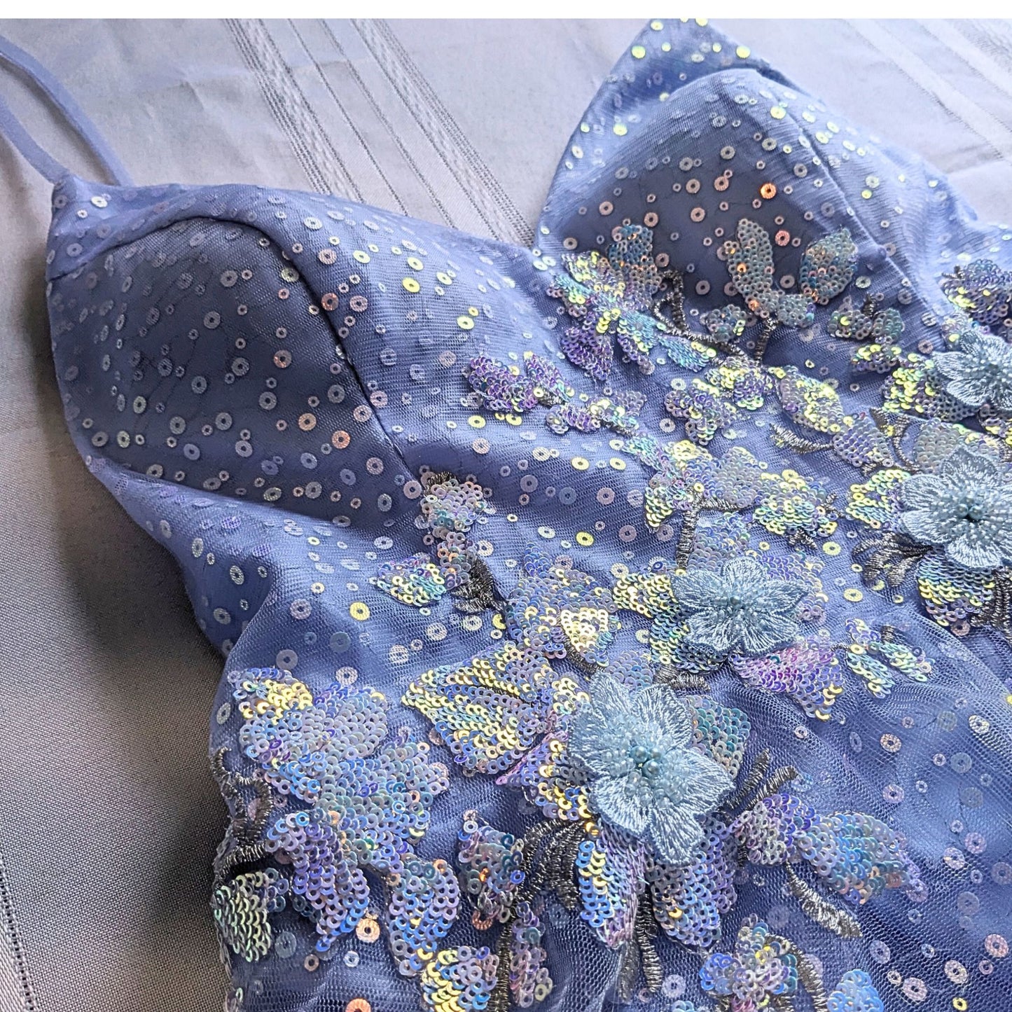 COYA Collection Periwinkle Fairy Floral Appliqué illusion Side Prom Gown Size L
