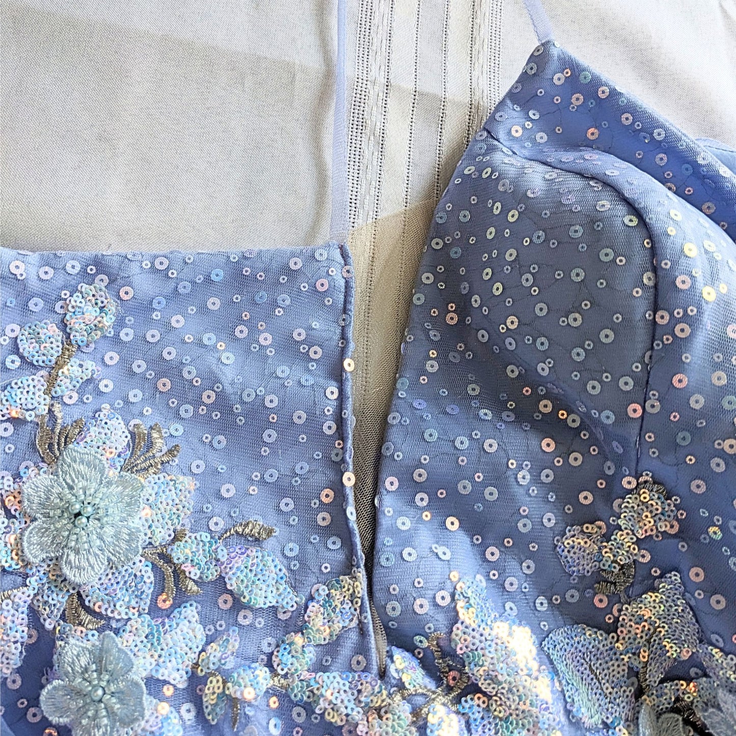 COYA Collection Periwinkle Fairy Floral Appliqué illusion Side Prom Gown Size L