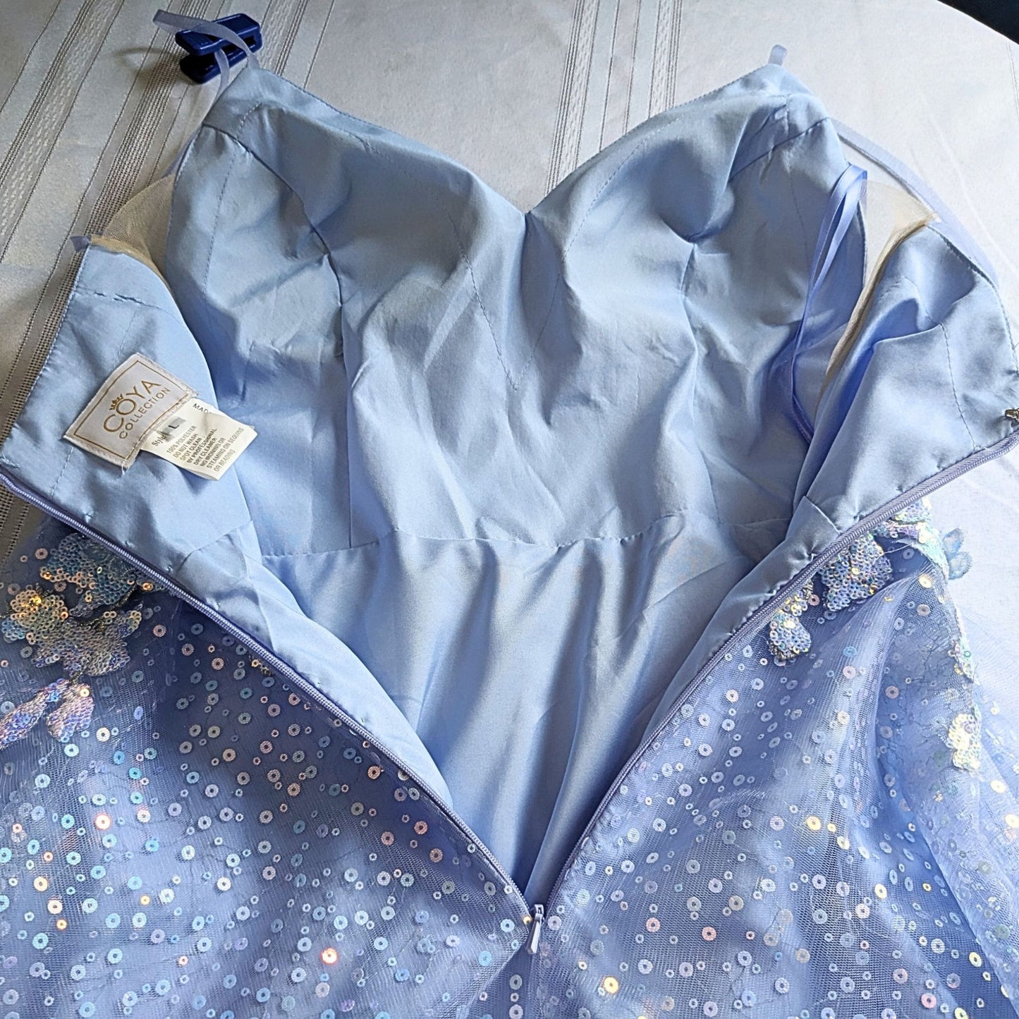 COYA Collection Periwinkle Fairy Floral Appliqué illusion Side Prom Gown Size L