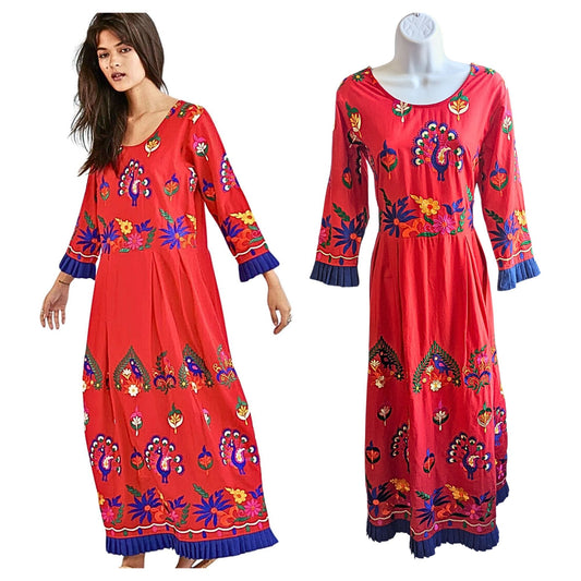 NWT MOMO New York Neli Red Peacock Embroidered Kaftan Dress 100% Cotton Size S