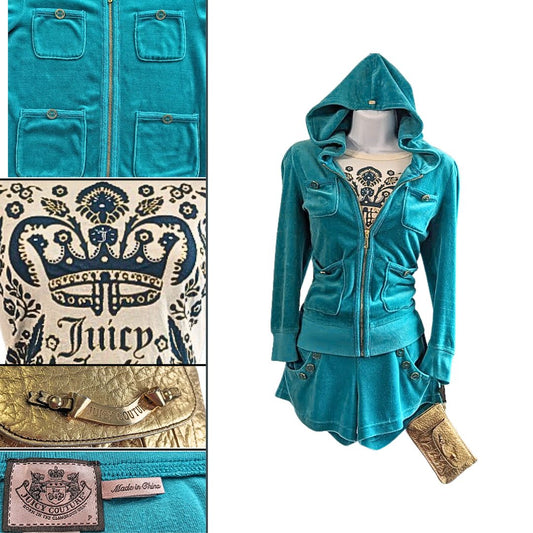 Vtg Y2k JUICY COUTURE 4pc Teal Gold Polly Pocket Velour Matching Shorts Set Sz S