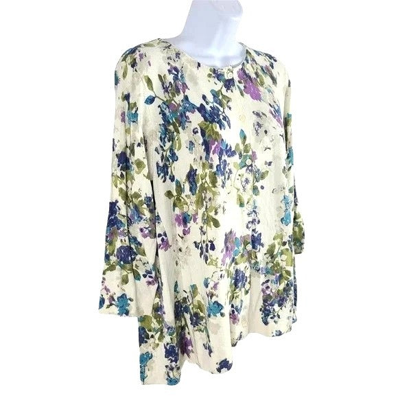 J. Jill Floral Cardigan Cream Purple Button Up 3/4 Sleeve Flared Hem Size S