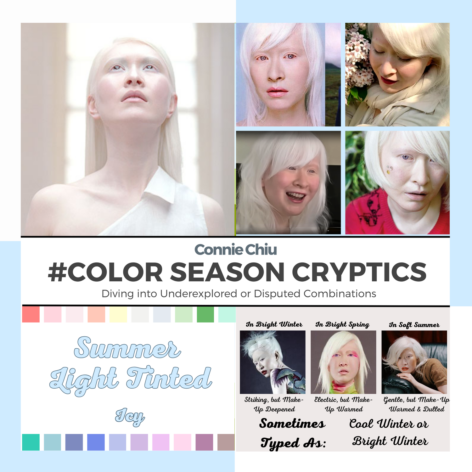 a collage of model with albinism, connie chiu, and her best hues, contrast, and intensity