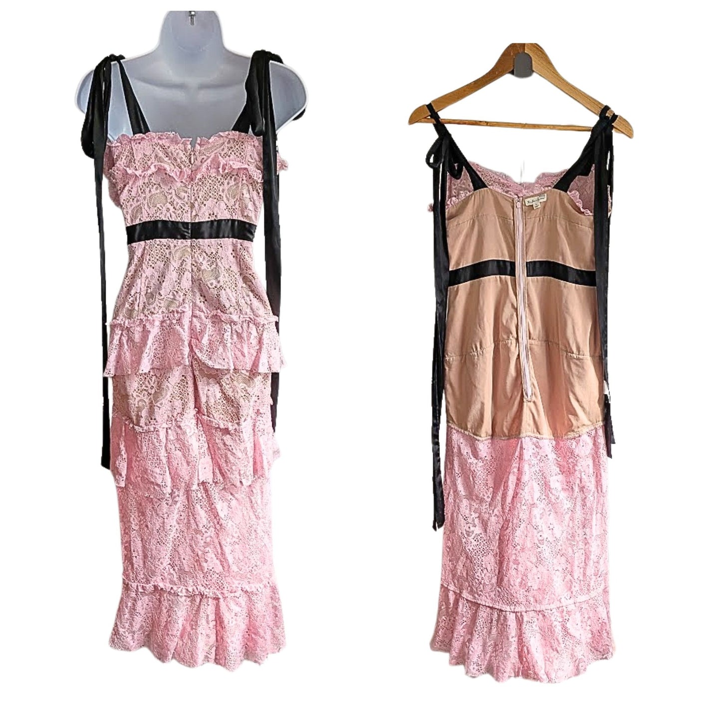 FOR LOVE AND LEMONS Iris CD1848 Pink Black Lace Hi Low Midi Dress Sz M