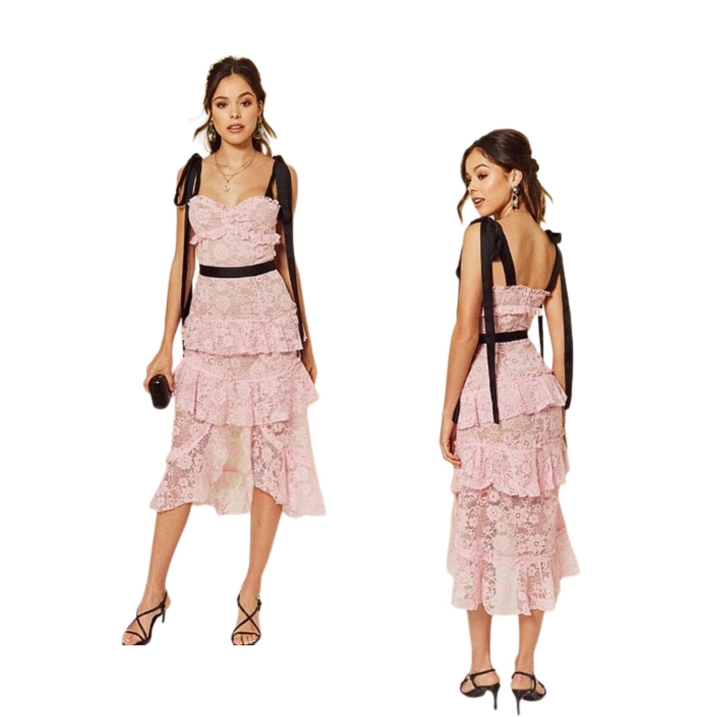 FOR LOVE AND LEMONS Iris CD1848 Pink Black Lace Hi Low Midi Dress Sz M