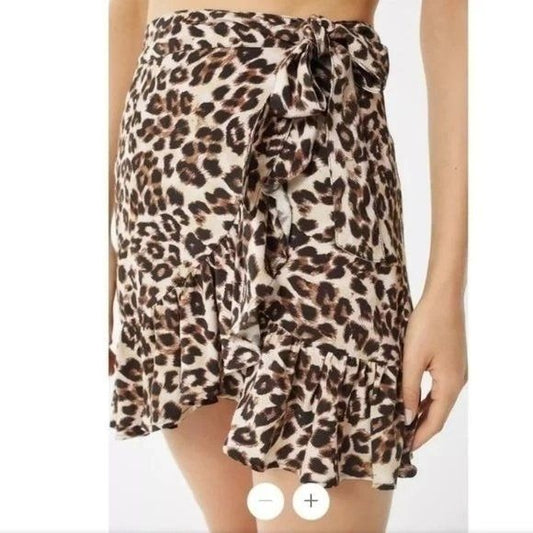 URBAN OUTFITTERS Brown Leopard Print Mini Skirt Tie Ruffle Size L