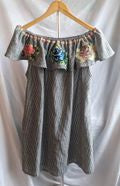 VELZERA Off-Shoulder Embroidered Mini Dress 100% Cotton Gray Boho Ruffled Sz 3XL