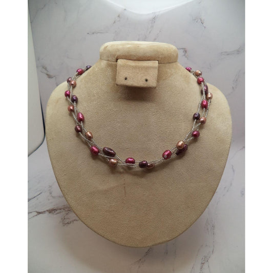 Soft Pink and Purple Beaded Triple Strand Necklace with Silver Magnetic Clasp