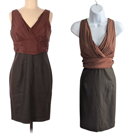 Anthropologie HUTCH Brown Sleeveless Silk Midi Dress Herringbone V-Neck Size 10