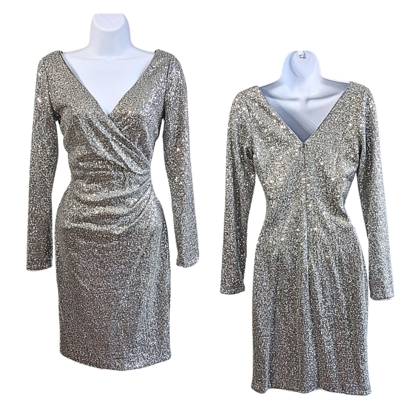 NWT AIDAN MATTOX Silver Sequin Embellished LS Faux Wrap Cocktail Mini Dress Sz 4