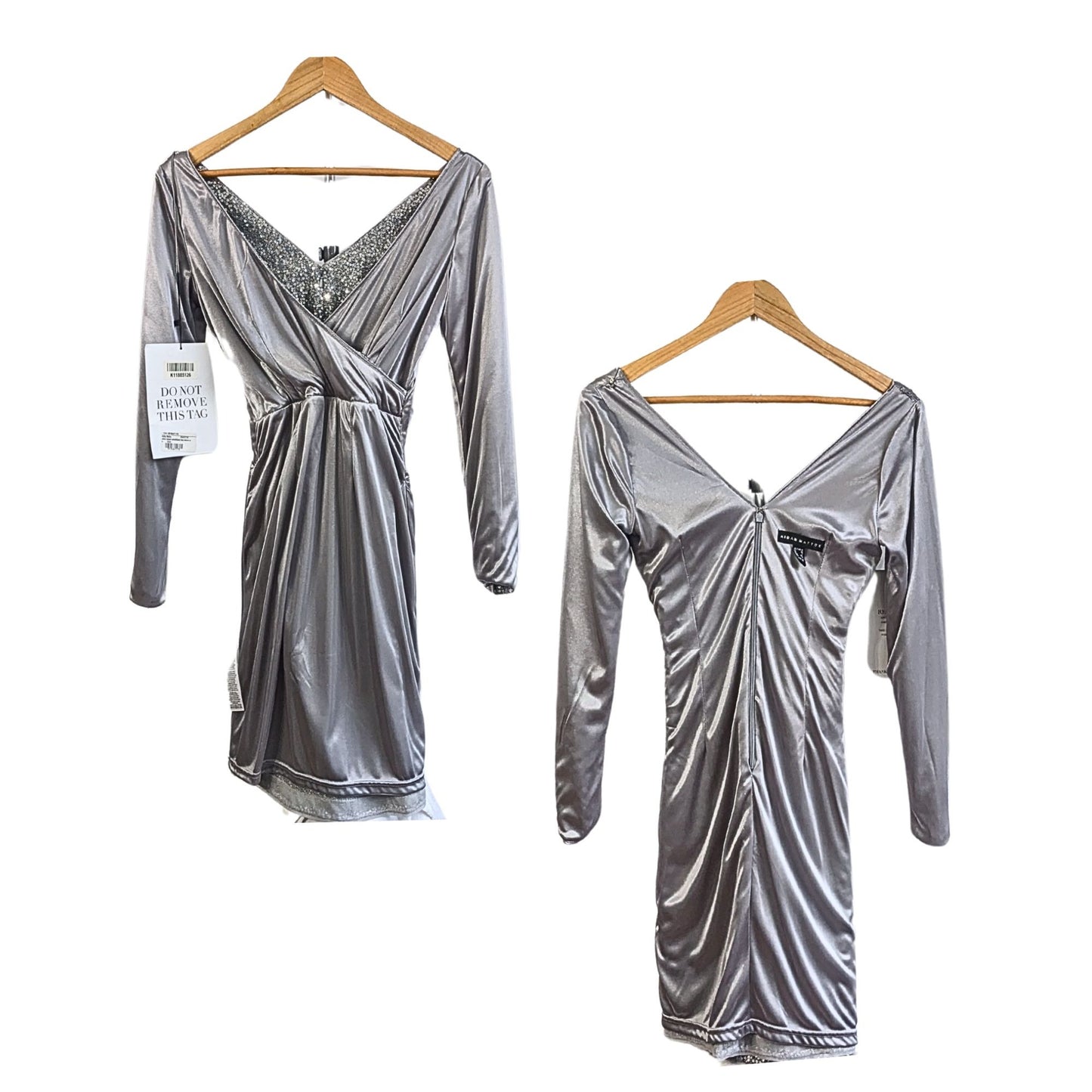 NWT AIDAN MATTOX Silver Sequin Embellished LS Faux Wrap Cocktail Mini Dress Sz 4