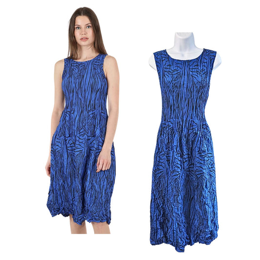 NWT ALQUEMA Blue Black Royal Bird Smash Pocket Travel Midi Dress Size 2/Large