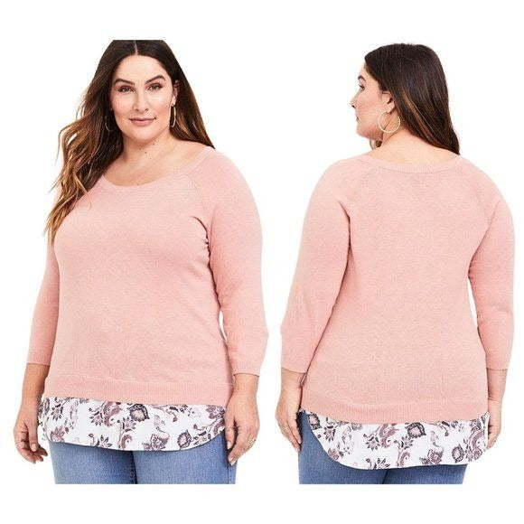 TORRID Peach Pink Raglan 2fer Sweater w/ Paisley Underhem Boatneck Size 4