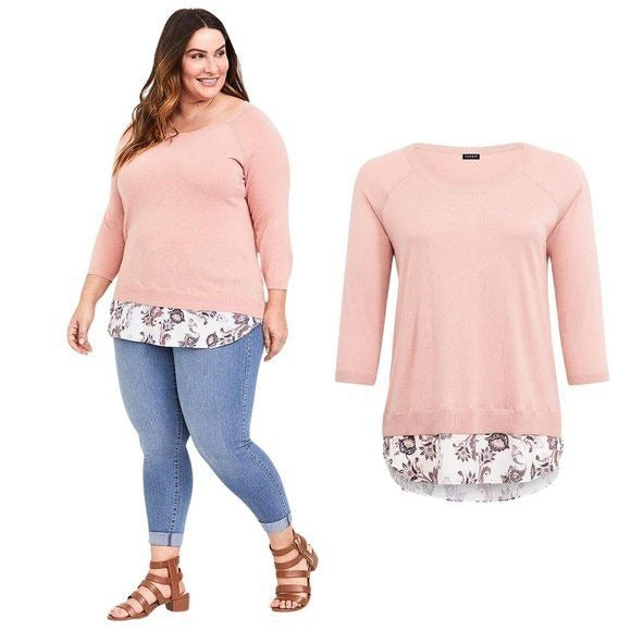 TORRID Peach Pink Raglan 2fer Sweater w/ Paisley Underhem Boatneck Size 4