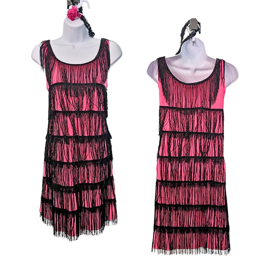 DREAMWEAVERS Pink Black Flapper Costume w/ Fringe & Headband Women's Size M