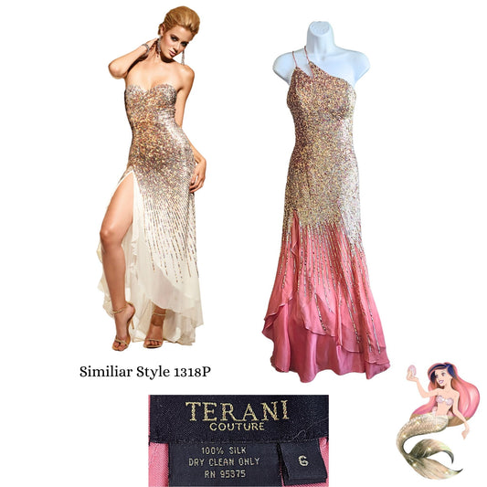 TERANI 100% Silk Coral Sand Mermaid Asymmetric Sequin Pageant/Prom Gown Size 6