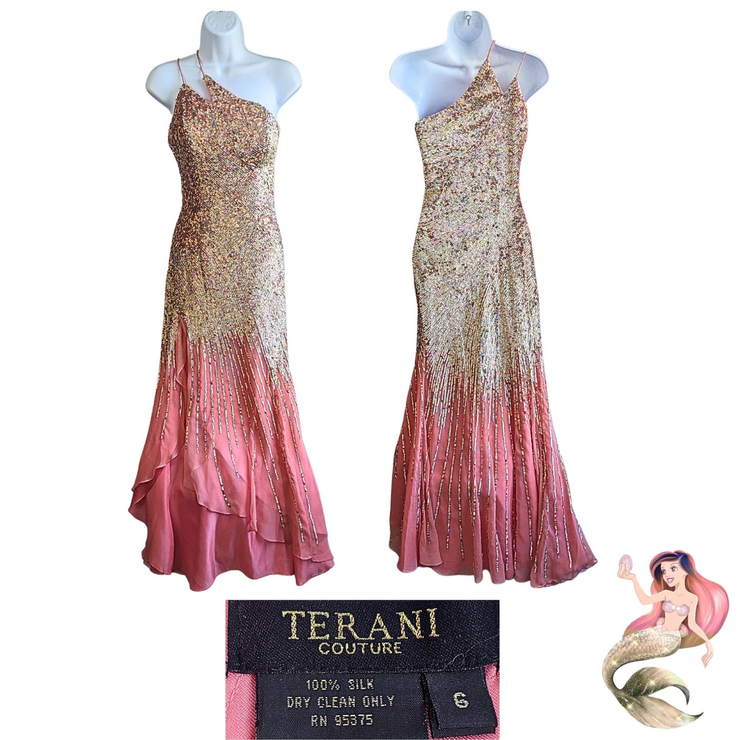 TERANI 100% Silk Coral Sand Mermaid Asymmetric Sequin Pageant/Prom Gown Size 6
