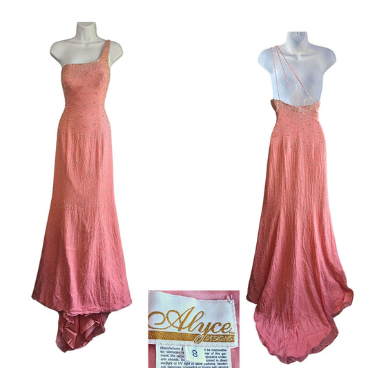 NWT Vtg Y2K ALYCE 100% Silk Coral Sequin 1 Shoulder Pageant Train Gown 6019 Sz 8