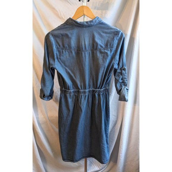 Vintage Y2K NEW YORK & CO 100% Cotton Blue Chambray Shirtdress 3/4 Sleeve Sz XS