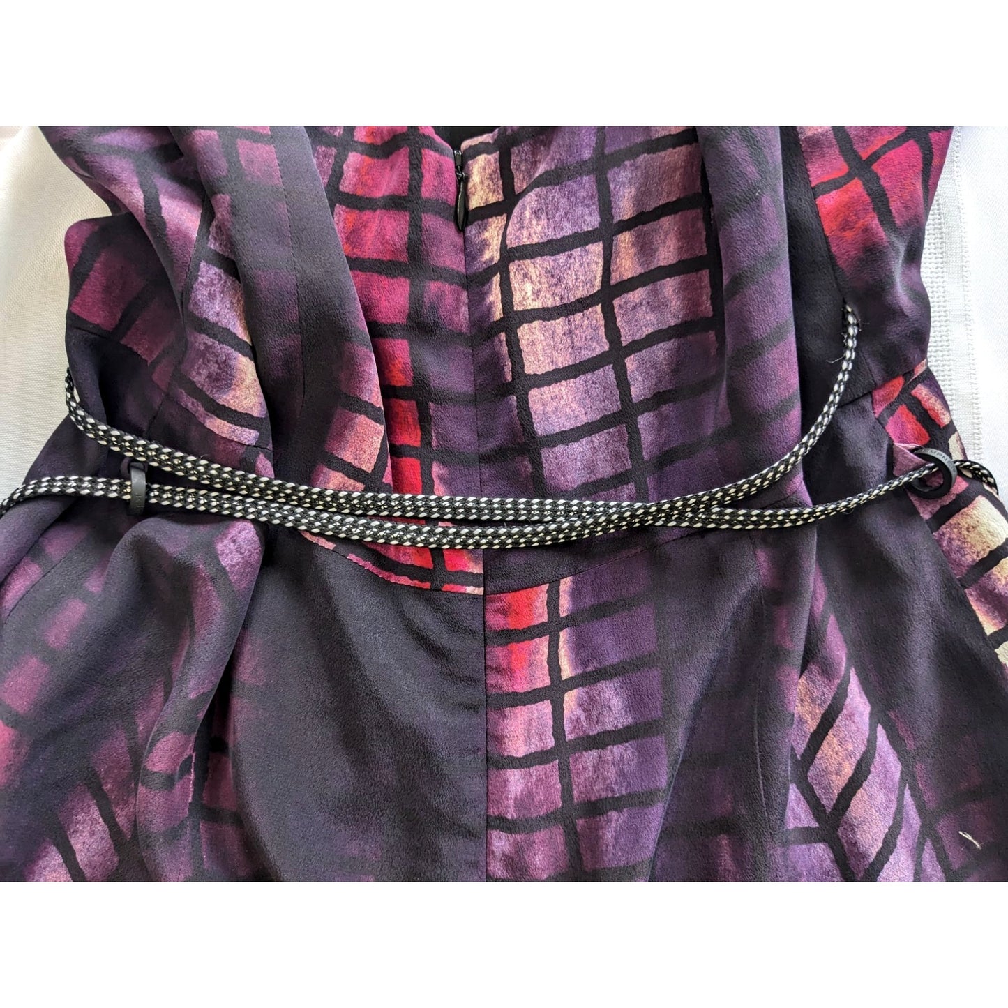 KEMPNER Olivia Purple Tiffany Print Knit Tassel Tie Wrap 100% Silk Dress Size 4