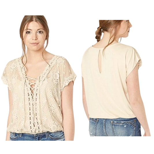 GIMMICKS BY BKE Floral Lace-Up Top Ivory Tan Boho Cottagecore 90% Cotton Size L