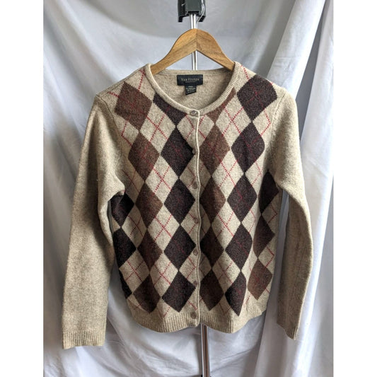 Vintage 90s VAN HEUSEN Women's Tan & Brown Argyle Button-Up Lambswool Cardigan Size L