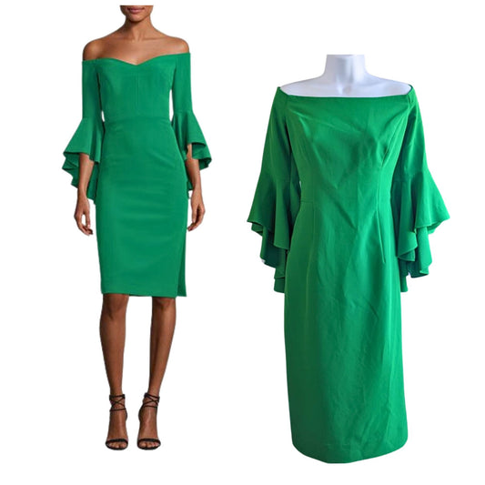 Viral MILLY Selena in Rare Kelly Green Off Shoulder Bell Sleeve Slit Dress Sz 10