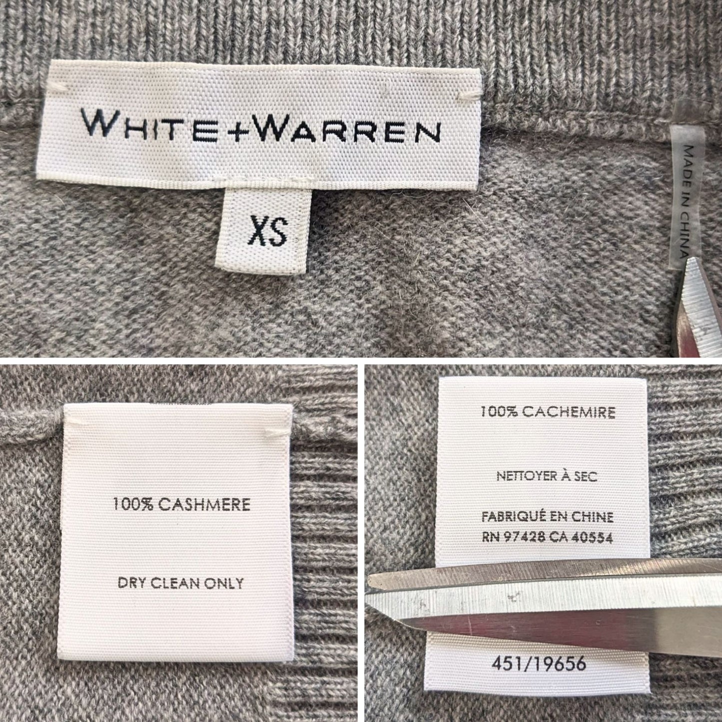 WHITE + WARREN 100% Cashmere Graffiti Heart Intarsia Gray Pullover Sweater Size XS