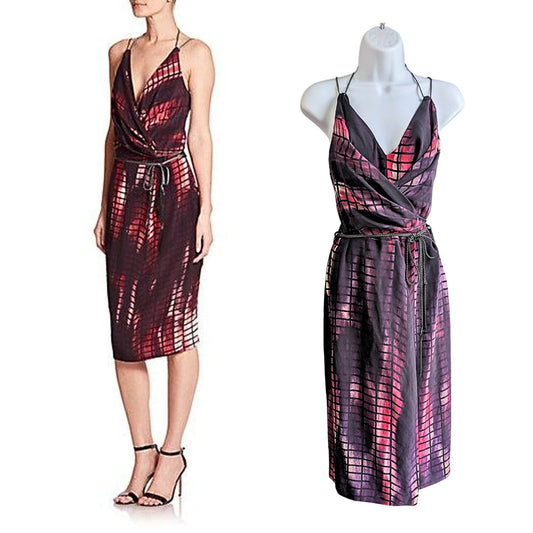 KEMPNER Olivia Purple Tiffany Print Knit Tassel Tie Wrap 100% Silk Dress Size 4
