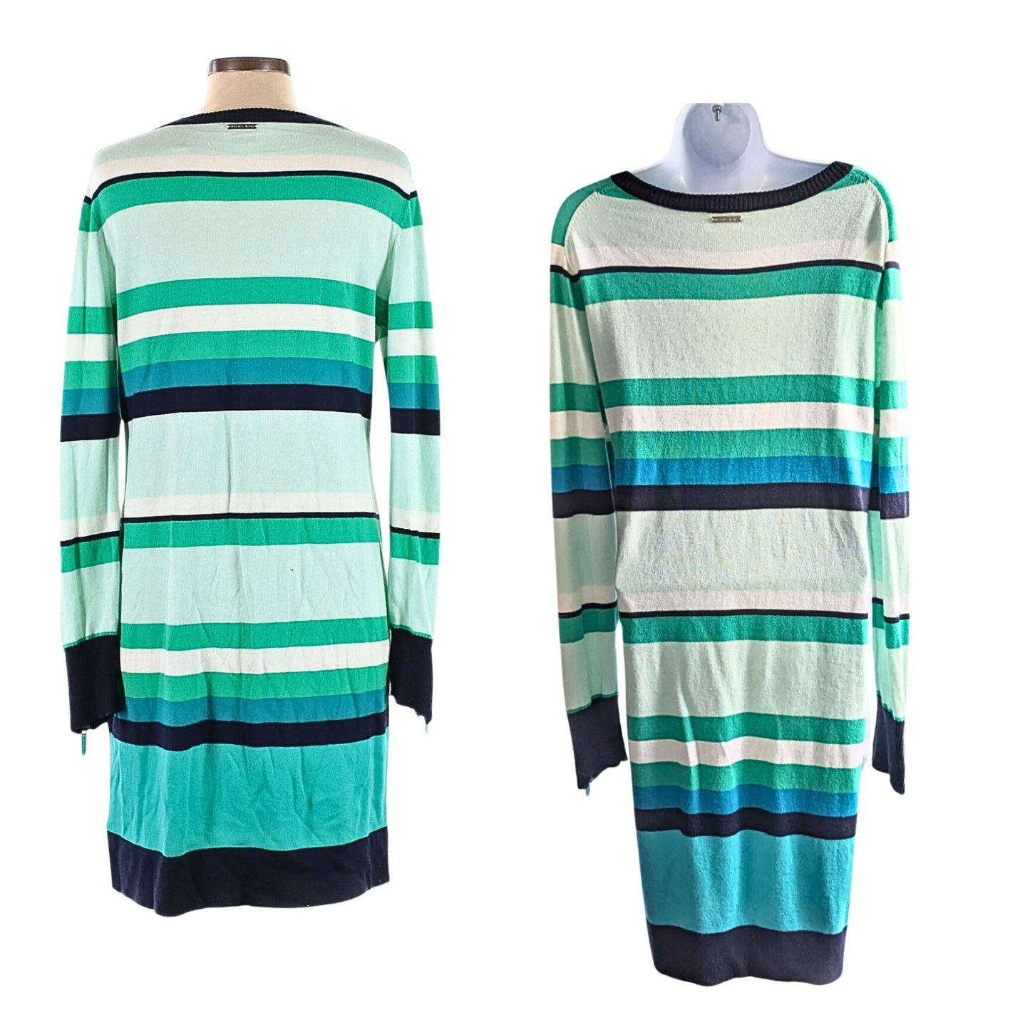 MICHAEL MICHAEL KORS Green Blue Stripe V-Neck LongSleeve Sweater Mini Dress Sz L