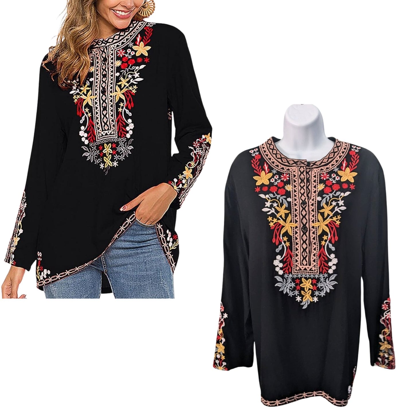 NWOT AK Mexican Boho Black Embroidered LongSleeve Peasant Casual Tunic Sz M