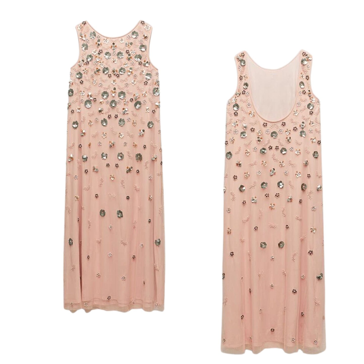 ZARA Peach Pink Beaded Floral Knit Shift Dress w/ Silver Rose Gold Appliques OOS Size S