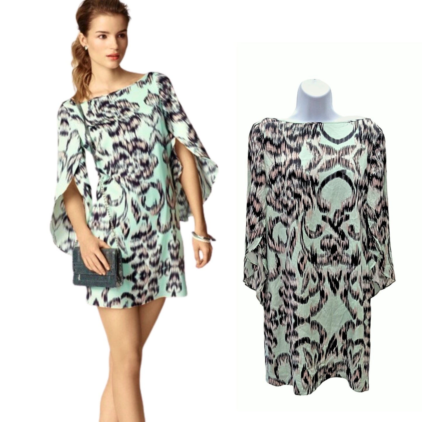 MILLY Mint Teal Brushed Ikat Flutter Sleeve Shift Dress w/ Auth Sticker Sz 10