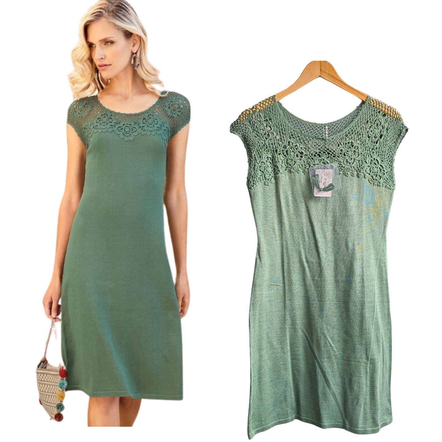 Rare NWT PERUVIAN CONNECTION Thyme Green Dominique Crochet Pima Midi Dress Sz M