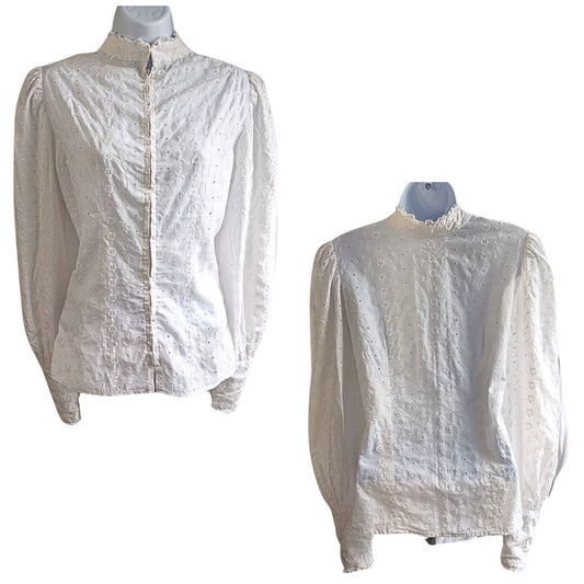 Handmade Vtg 70s Cottage Victorian Eyelet Broderie Anglaise Zip Blouse Size S/M