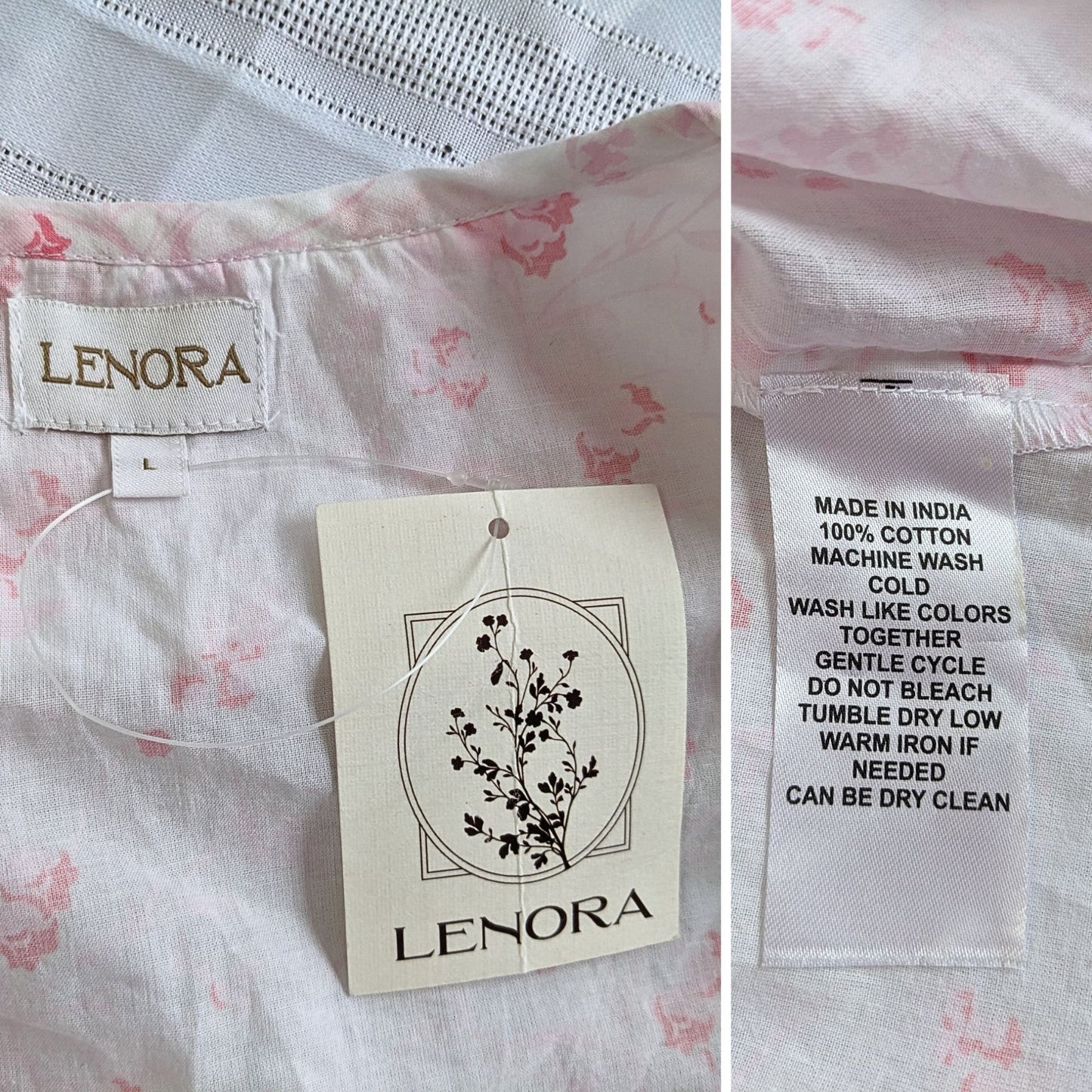 NWT LENORA White & Pink Lily Poet 100% Cotton Nightshirt Cottage Coquette Sz L