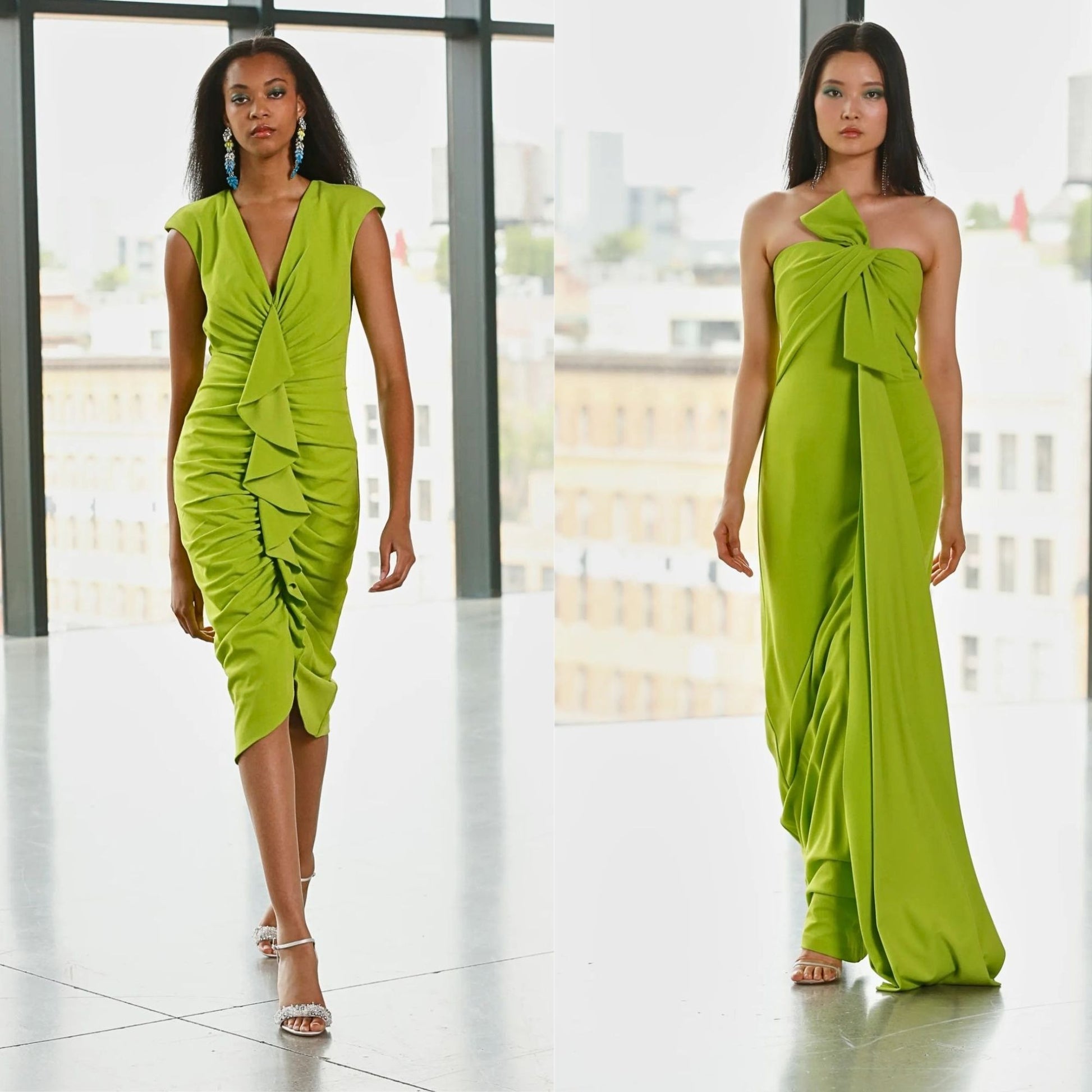 BADGLEY MISCHKA Lime Green Odessa Crepe Flutter Hem Dress w/ Auth Stic Periwinkle Packages BADGLEY MISCHKA Lime Green Odessa Crepe Flutter Hem Dress w/ Auth Stic Periwinkle Packages