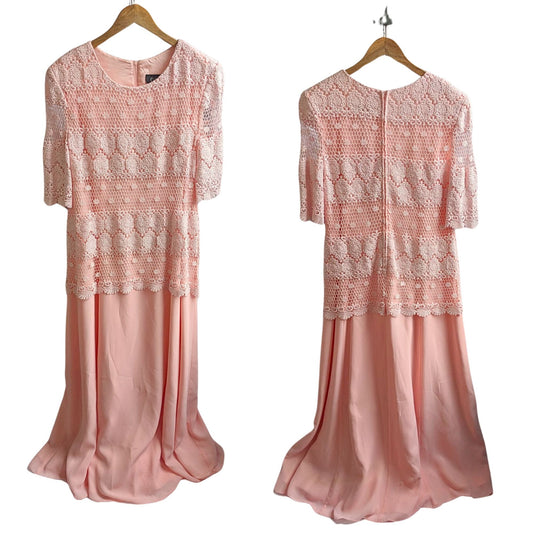 Vintage 90s CELINE NEW YORK Mystery Pink Chiffon & Lace Evening Dress Size 14/16