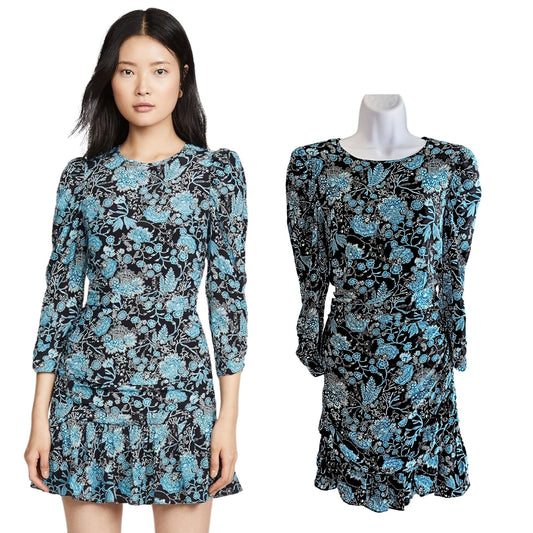 TANYA TAYLOR Raven Paisley Blue Floral Long Sleeve MiniDress w/Auth Sticker Sz 8