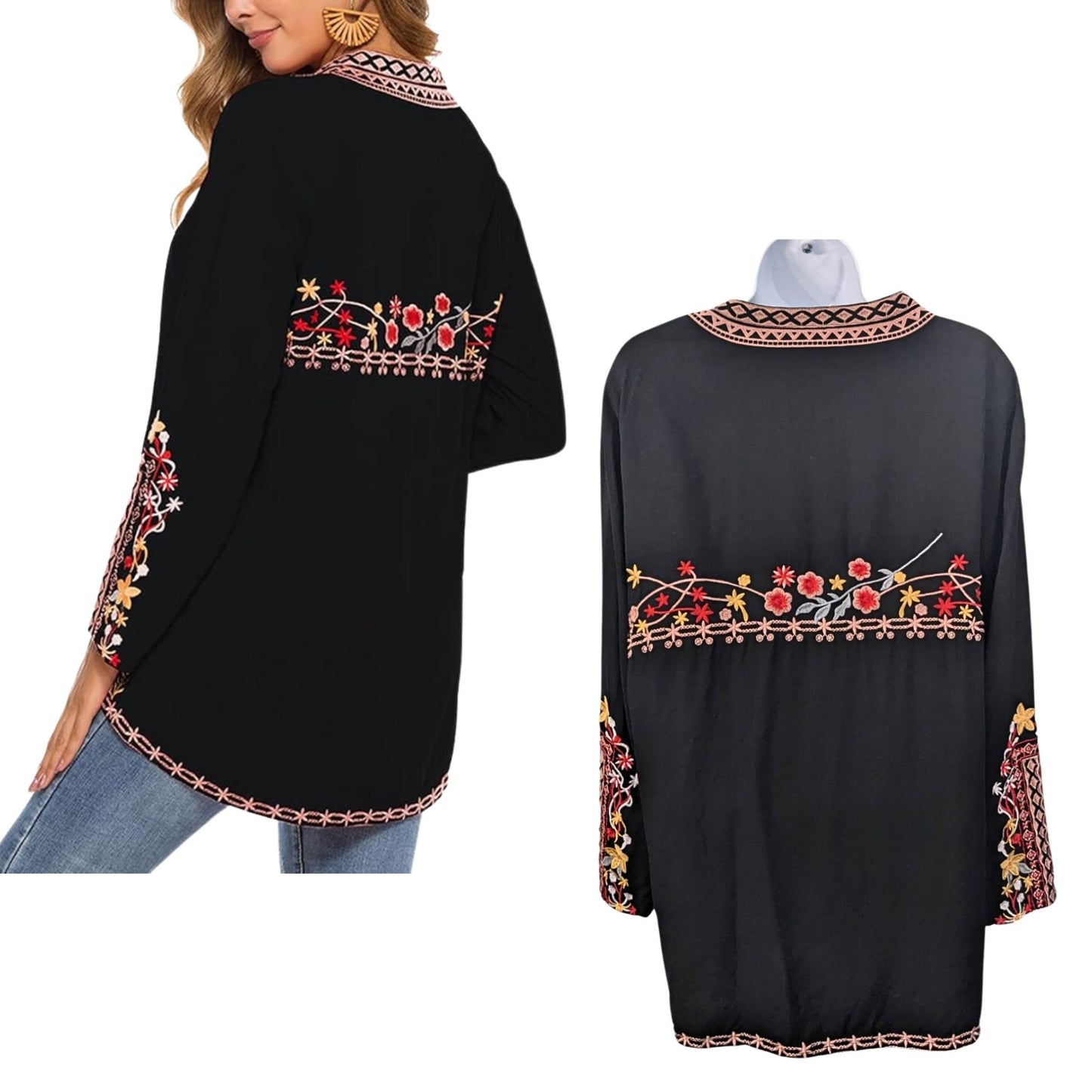 NWOT AK Mexican Boho Black Embroidered LongSleeve Peasant Casual Tunic Sz M