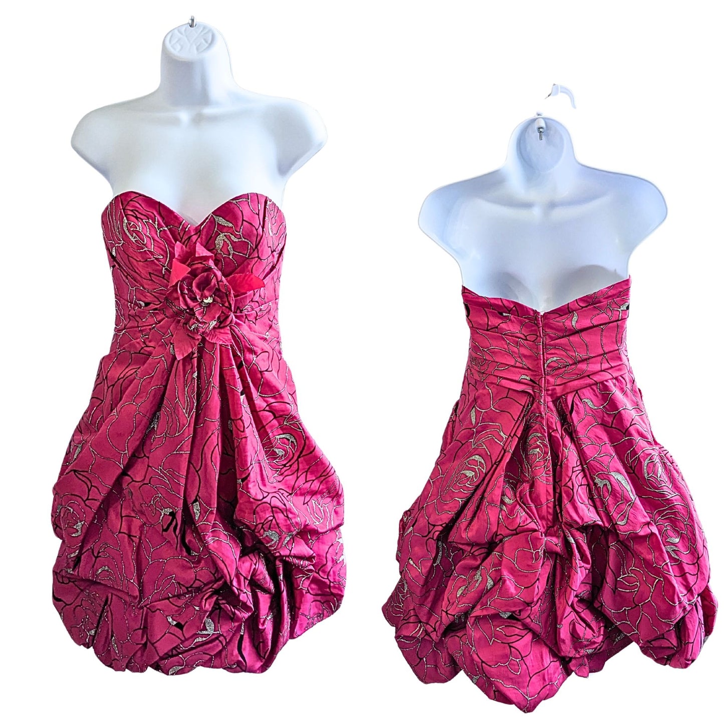 Vintage Y2K NIGHT MOVES Strapless Fuschia Rosebud Bubble Prom Mini Dress Sz 6